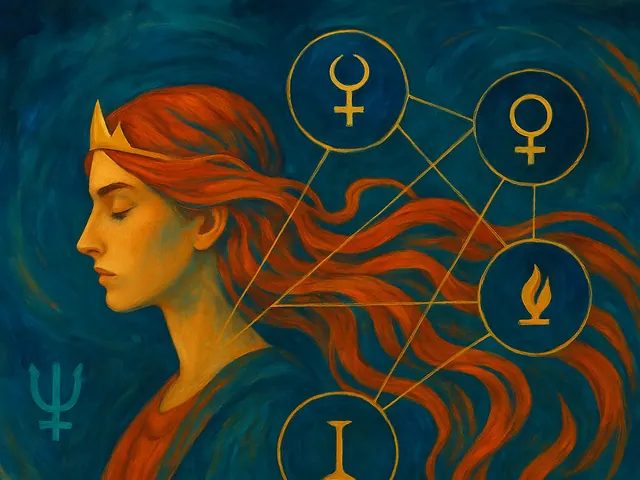 December 2025 newsletter illustration: Tensions around growth, healing and devotion appear later in the month. A t‑square involving Jupiter, Chiron and Vesta mid‑December, Jupiter